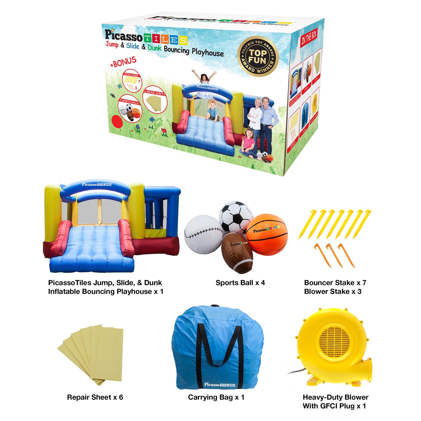 [Upgrade Version] PicassoTiles KC102 12x10 Foot Inflatable Bouncer Jumping Bouncing House, Jump Slide, Dunk Playhouse w/Basketball Rim, 4 Sports