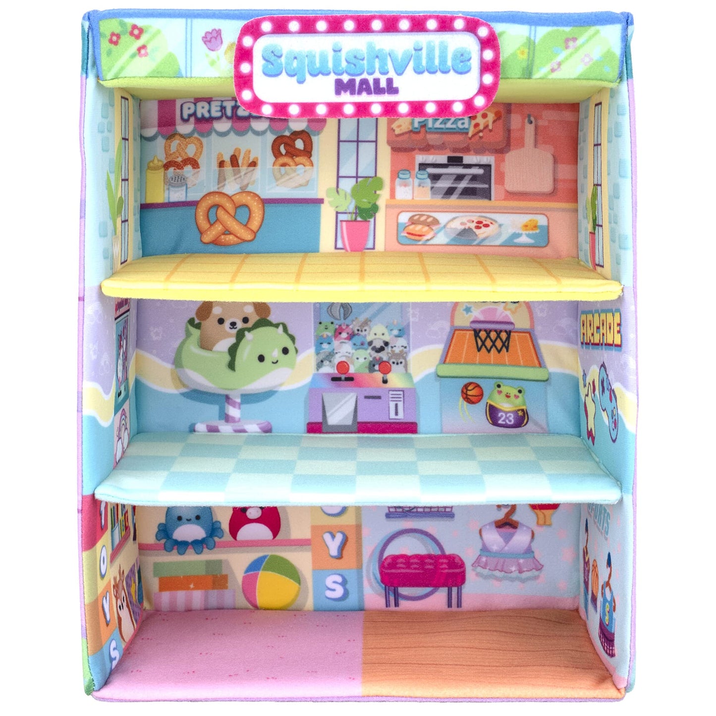 Squishville Squishmallows Mall-Two 2-Inch Mini Plush Characters,Themed Play Scene,4 Accessories (Shopping Bag/Cart,Cash Register,Arcade