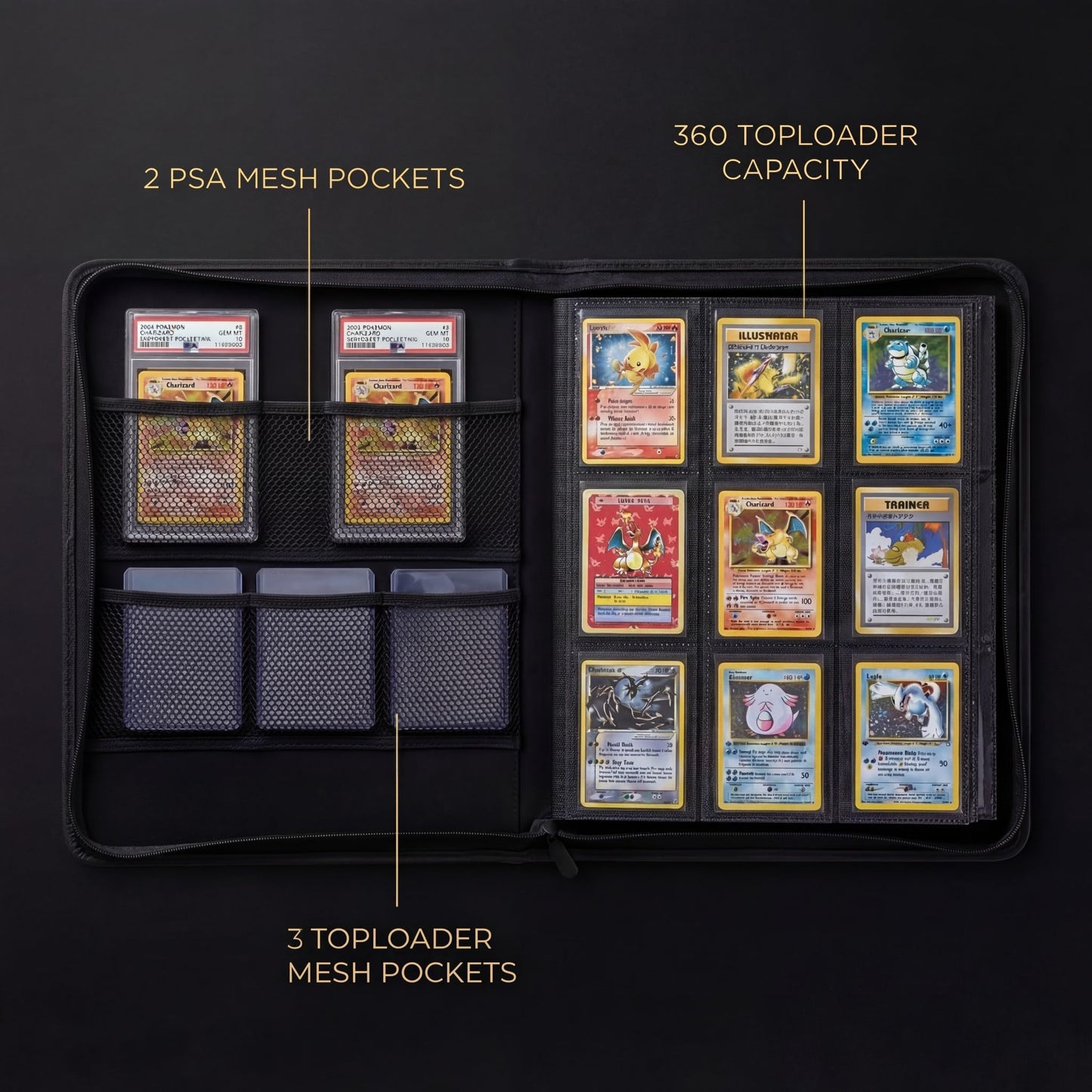 Deck Fort Toploader Binder 9 Pocket Holds 360 Toploaders - Collector Kit Gloves, Tweezers & Gift Box - Holder for 3x4 Top Loaders - Mesh Pocket for