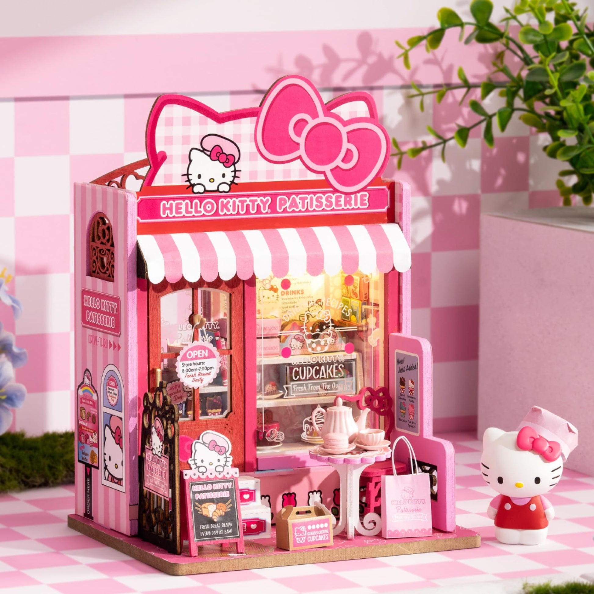 Hands Craft Hello Kitty Patisserie Miniature House Kit with Hello Kitty Figurine - Kawaii 3D Puzzle with Switch Activated LED Lights - DIY Wooden