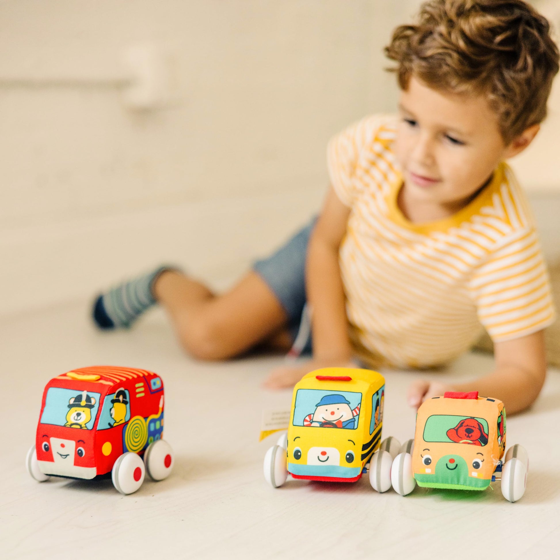 Melissa & Doug K's Kids Pull-Back Town Vehicle Set - Baby Toys Set with 4 Soft Toy Cars and Trucks, Surface Washable with Removable Wheels, Learning