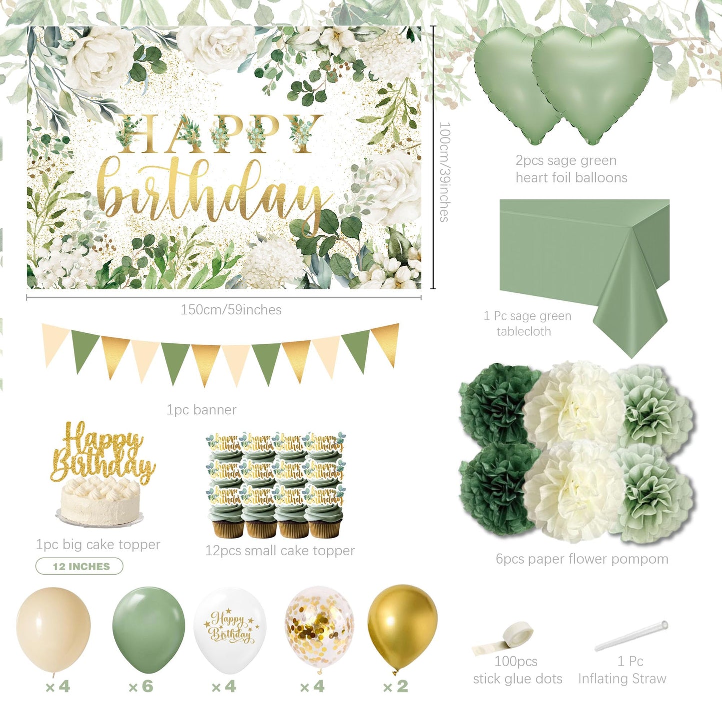 Happy Birthday Decorations For Women Men,Birthday Backdrop,Banner Balloons,Table Cloth,Paper pom poms Party Supplies for Girls Boys (Sage Green)