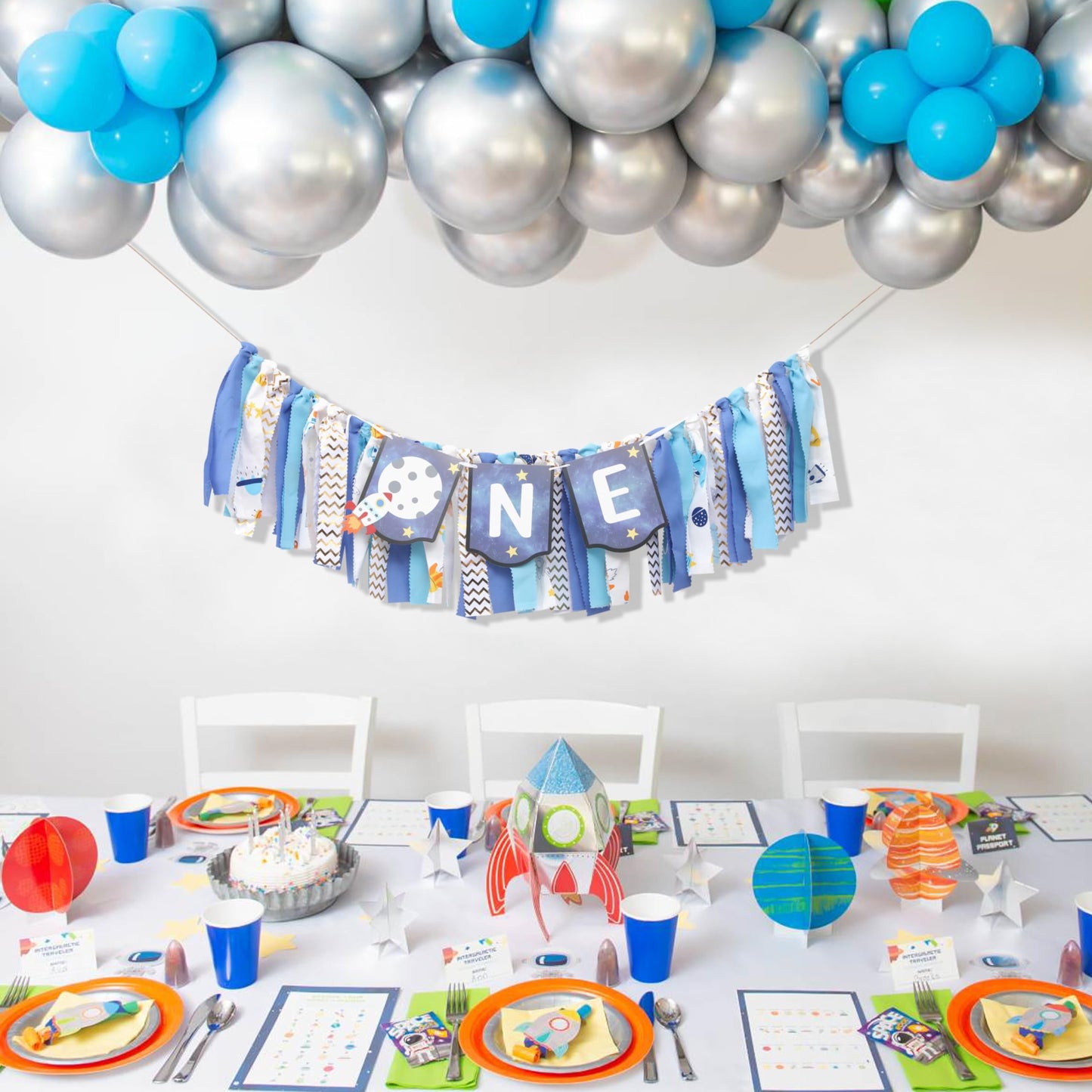 Outer Space High Chair Banner - Planets Astronaut Rocket 1st Birthday Decorations,Space First High Chair One Banner Party Decor,First Trip Around Sun