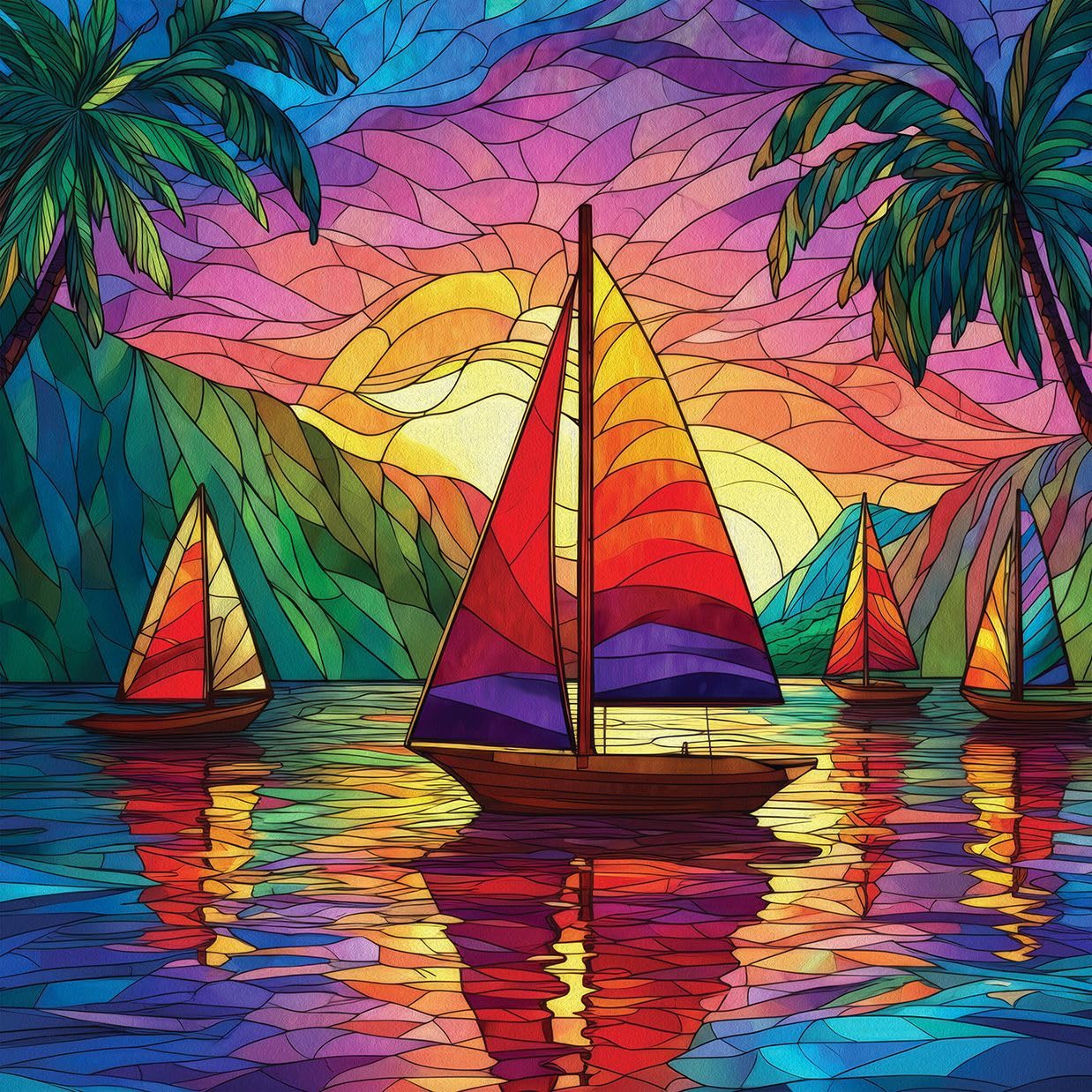 Springbok Tropical Sailing 500 Piece Square Jigsaw Puzzle for Adults - Poster Now Included - Stained Glass Sail Boat - Unique Cut Pieces - Made in USA