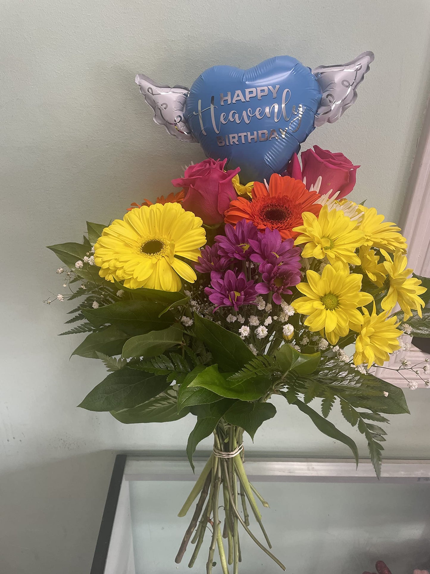 Blue Happy Heavenly Birthday Heart Balloon on a Stick with Angel Wings - Memorial & Remembrance