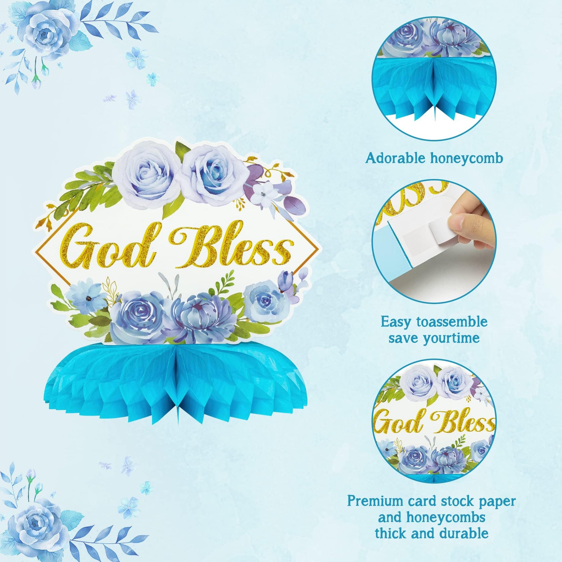 ANGOLIO 12Pcs Blue Floral God Bless Honeycomb Centerpieces Christian Cross Baptism First Confirmation Table Party Decorations for Boys Girls Baby
