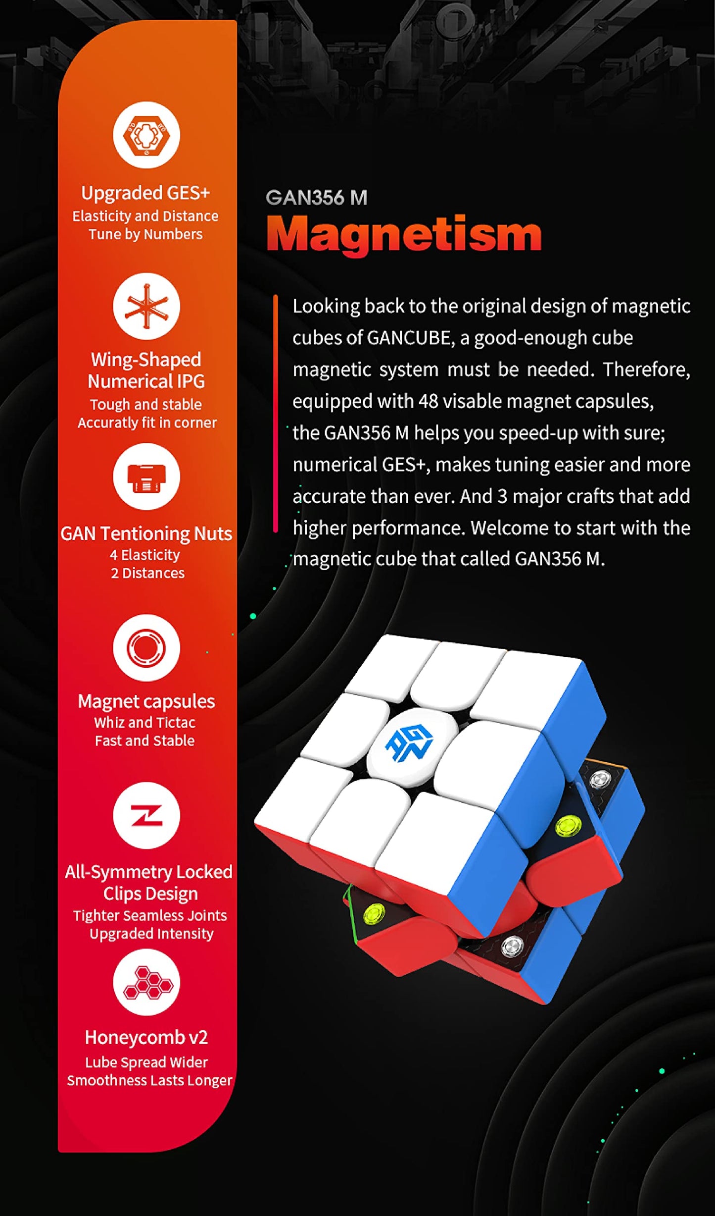 CuberShop GAN 356 M Magnetic Speed Cube Standard, Gans 3X3 Stickerless Magnetic Cube, Smooth & Fast 3 by 3 Lite Flagship Performance, Adjustable GAN