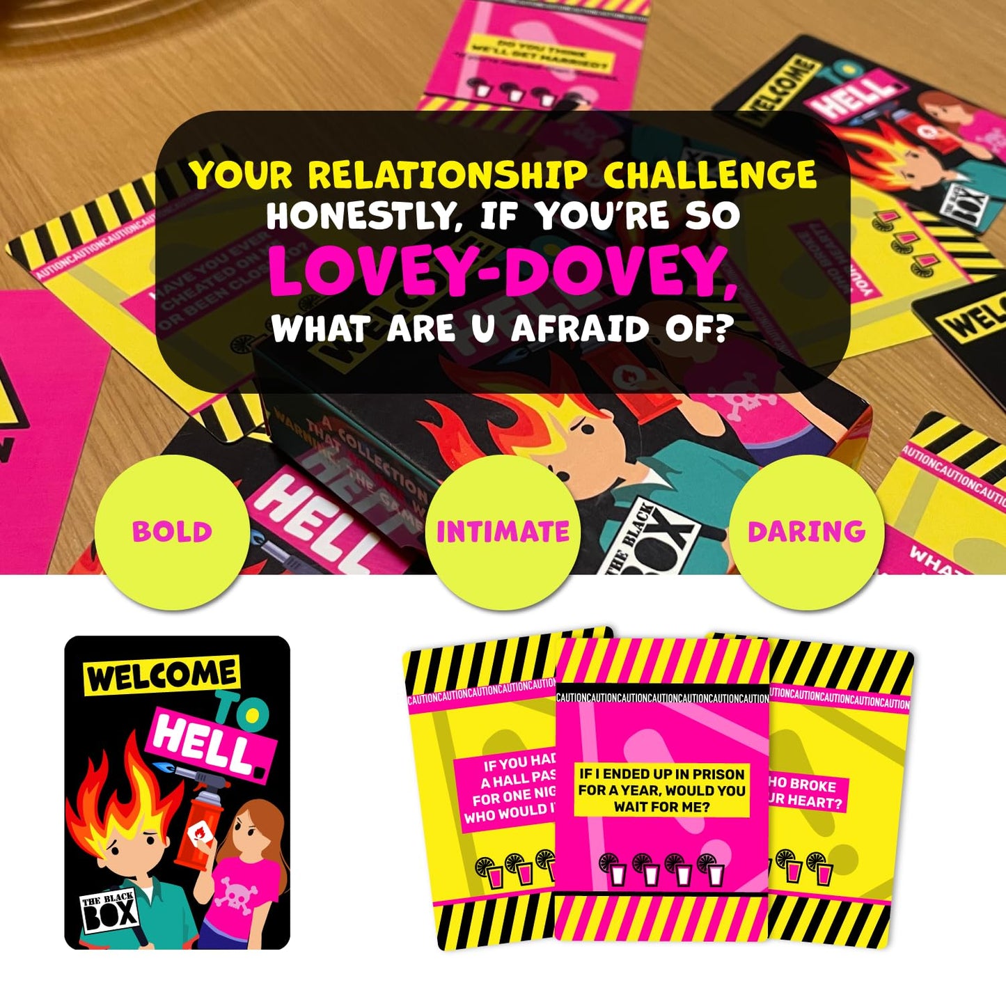 the black box Welcome to Hell - A Bold Couples Card Game for Daring Date Nights, Drinking Games, Deep Conversations & Crazy Challenges - A Unique Gift