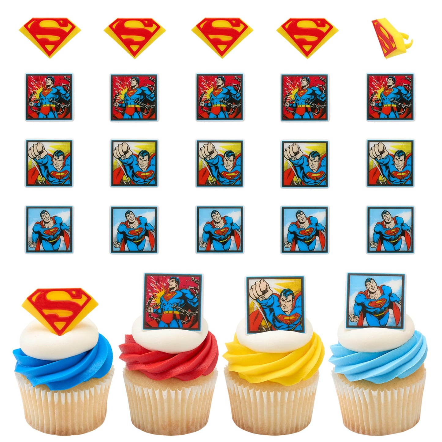 24 Superman Cupcake Rings, Superhero DC Cupcake Decorations, Food Safe Cake Toppers - 24 Pack