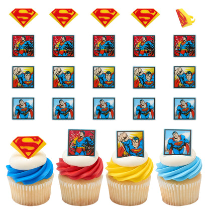 24 Superman Cupcake Rings, Superhero DC Cupcake Decorations, Food Safe Cake Toppers - 24 Pack