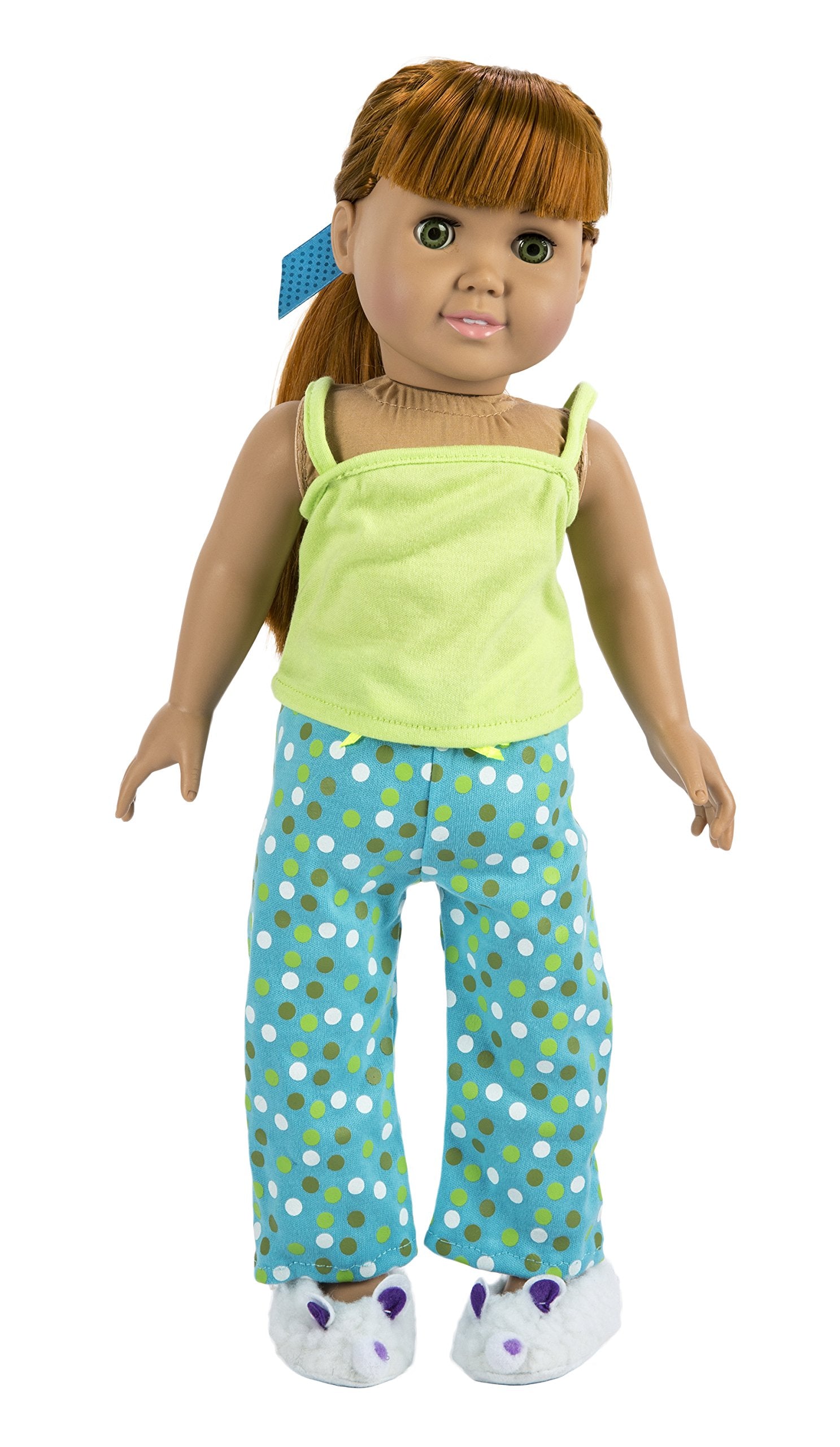 Fibre Craft The Springfield Collection Pajama Outfit, Green Top, Dot Pants, Slippers and Ribbon