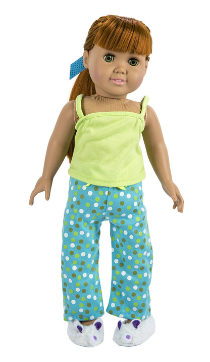 Fibre Craft The Springfield Collection Pajama Outfit, Green Top, Dot Pants, Slippers and Ribbon