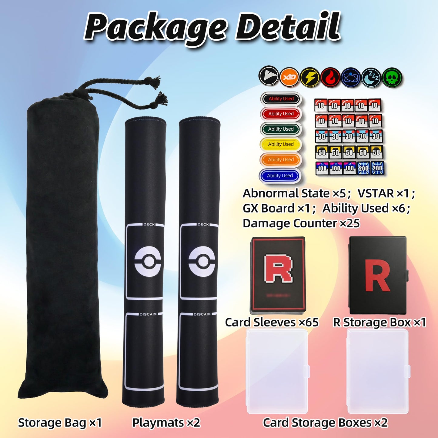 Playmat Set for TCG,2-Player Trainer TCG Playmat 2 PCS with 38 Damage Counters, 2 Trading Card Cases,65 Card Sleeves and Professional Storage Bag