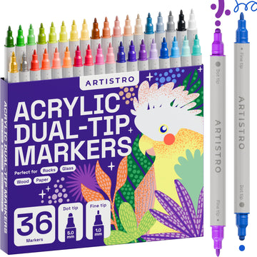 ARTISTRO 36 Precision Dual-Tip Acrylic Paint Markers - Paint Pens Set with Dot & Fine Tips for Fabric, Rock, Glass, Wood, Coloring Books - Classroom