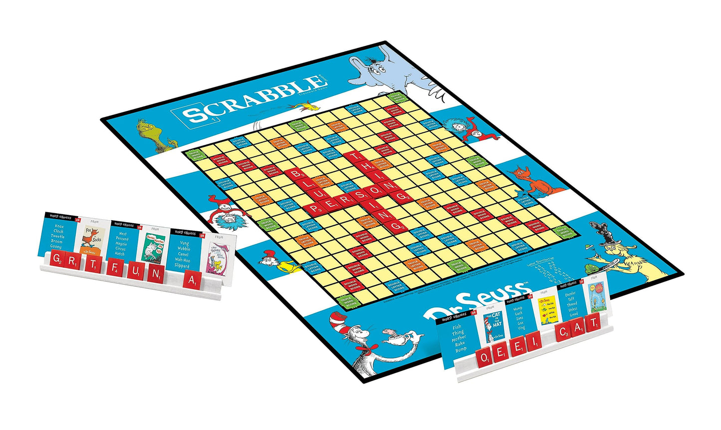 Scrabble Dr. Seuss Board Game | Official Scrabble Game with a Rhyming Twist | Custom Dr. Seuss Cards and Themed Scrabble Board | Bonus Points | Play