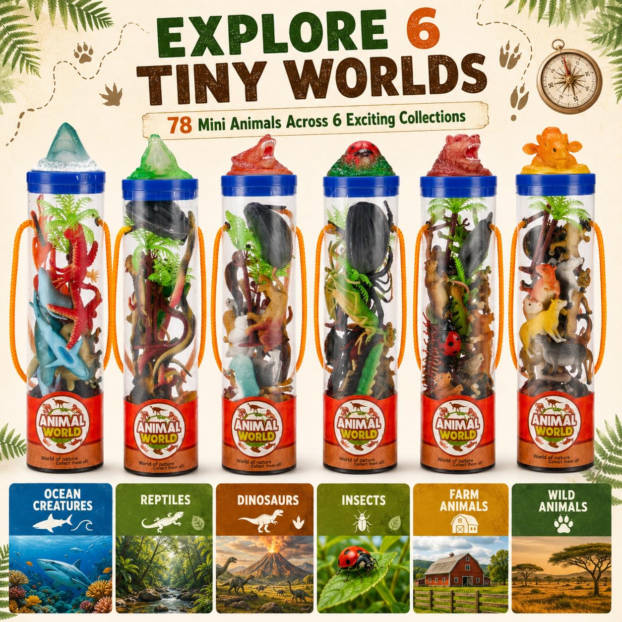 78PCS Mini Animal Figures Toys, 6 Pack Animal Figurines Collection with Dinosaur, Ocean, Farm, Wild Animal, Reptile & Insect Toys, Party Favors, Cake