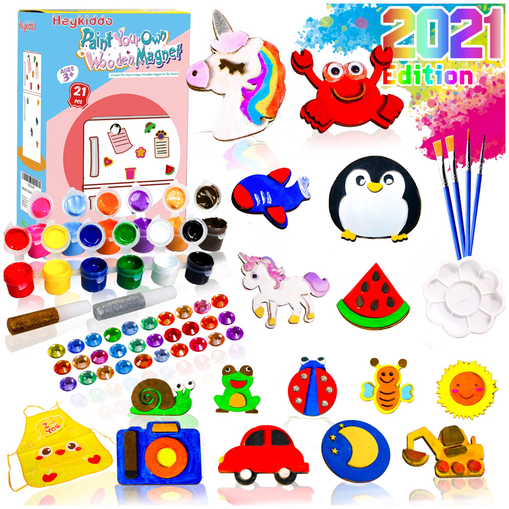 HeyKiddo Paint Your Own Wooden Magnet - Wood Painting Craft Kit for Kids Age 3 4 5 6+ Year Old,Art Painting Kit for Boys & Girls, DIY Birthday
