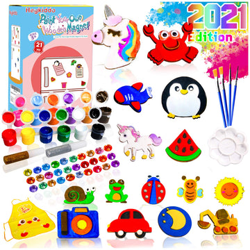 HeyKiddo Paint Your Own Wooden Magnet - Wood Painting Craft Kit for Kids Age 3 4 5 6+ Year Old,Art Painting Kit for Boys & Girls, DIY Birthday
