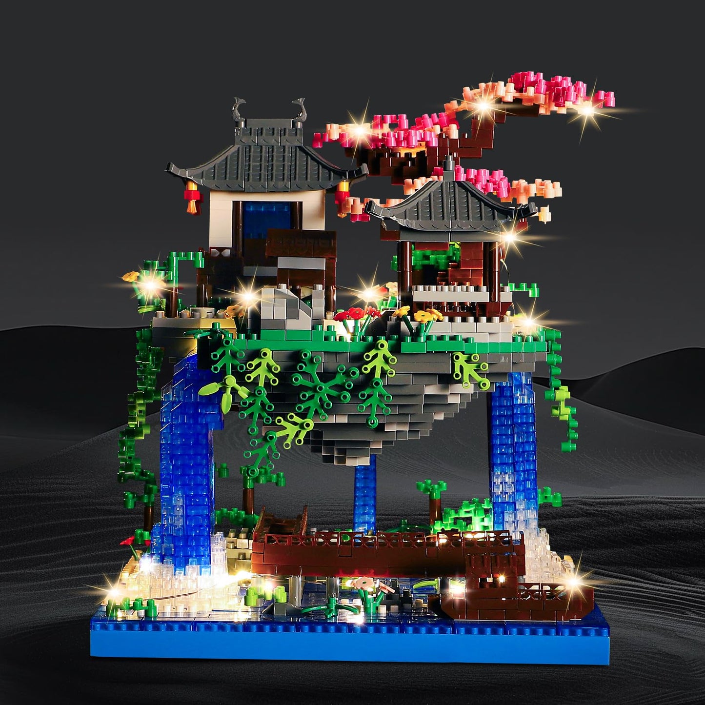 LQPFBSM Cherry Blossom Treehouse Micro Mini Building Block Sets with Acrylic Display Box Japanese Bonsai Tree Peach Blossom Pool Architecture Building