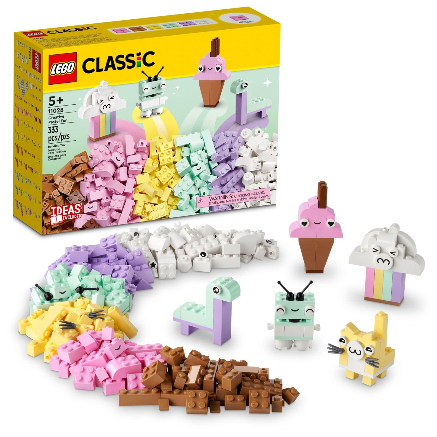 LEGO Classic Creative Pastel Fun Bricks Box 11028, Building Toys for Kids, Girls, Boys Ages 5 Plus with Models; Ice Cream, Dinosaur, Cat & More,