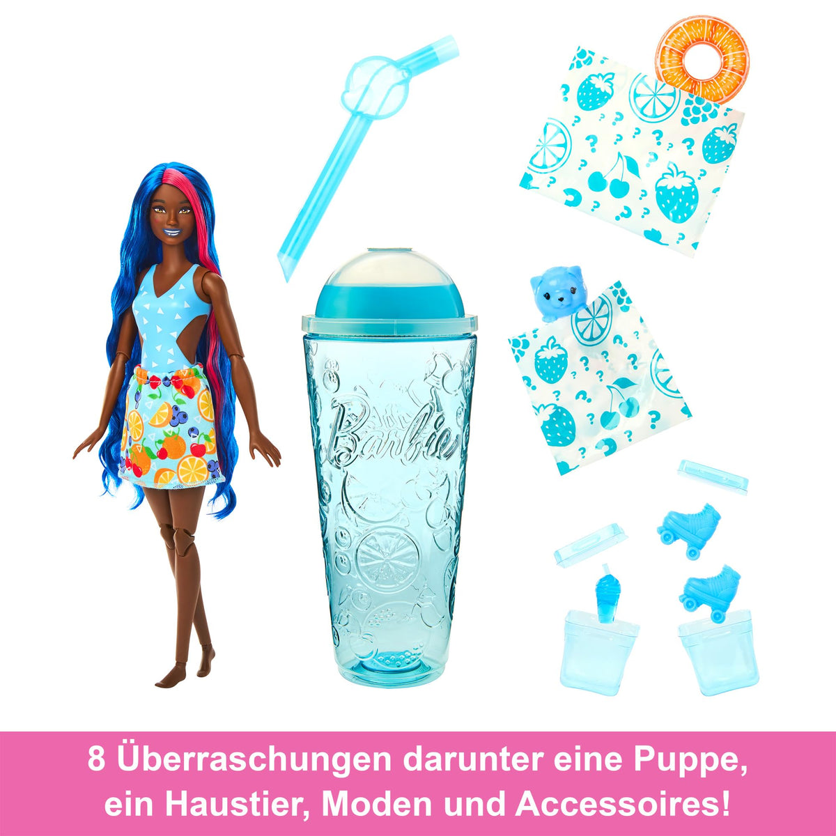 Barbie Pop Reveal Doll & Accessories, Fruit Punch Scent with Blue Hair, 8 Surprises Include Slime, Color Change & Puppy