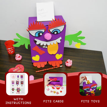 4E's Novelty DIY Monster Valentines Card Box Craft Kit - Makes 1 Valentines Day Crafts for Kids, Valentine Mailbox for Classroom Exchange Party