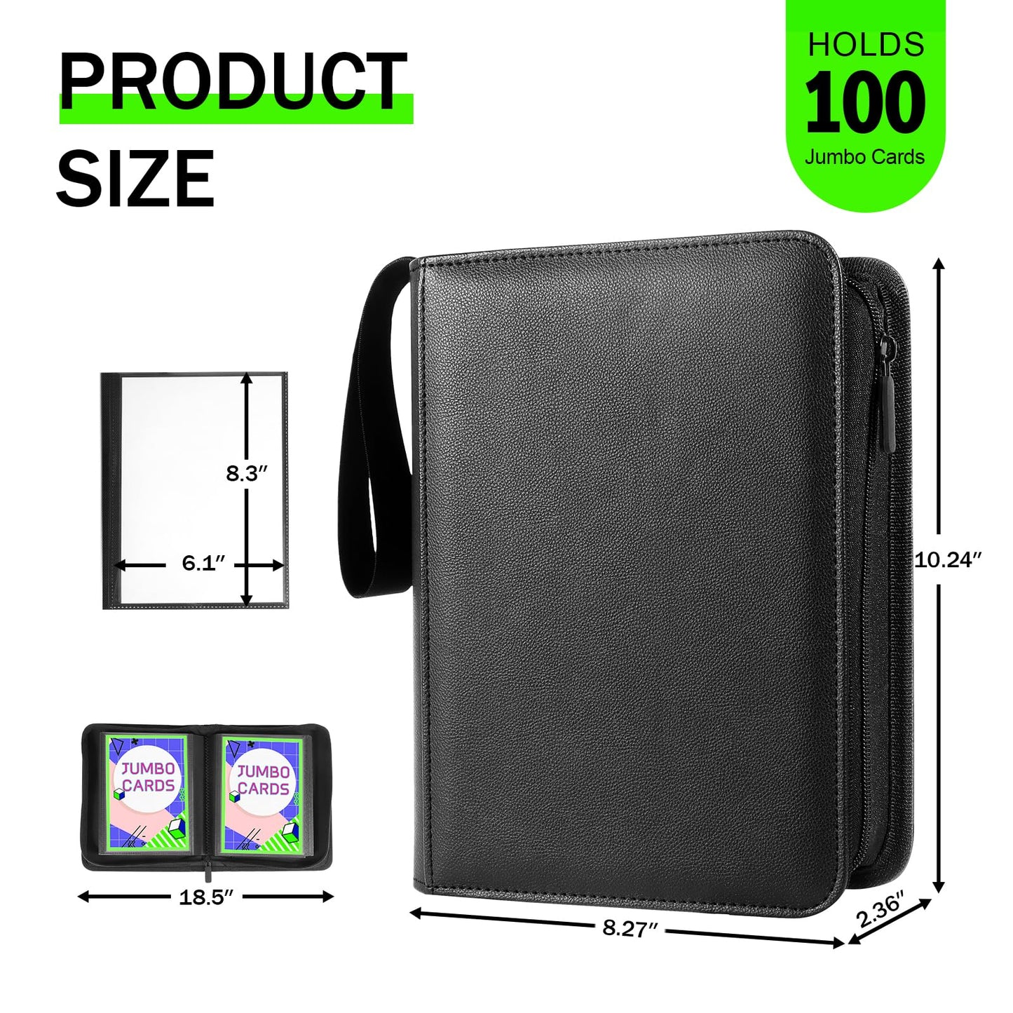 Jumbo Card Binder 100 Pockets for Oversized & Big Cards - Ringless PU Leather Binder with Zippered Closure, Top Loading & Wrist Strap, Fits 6x8 Inch