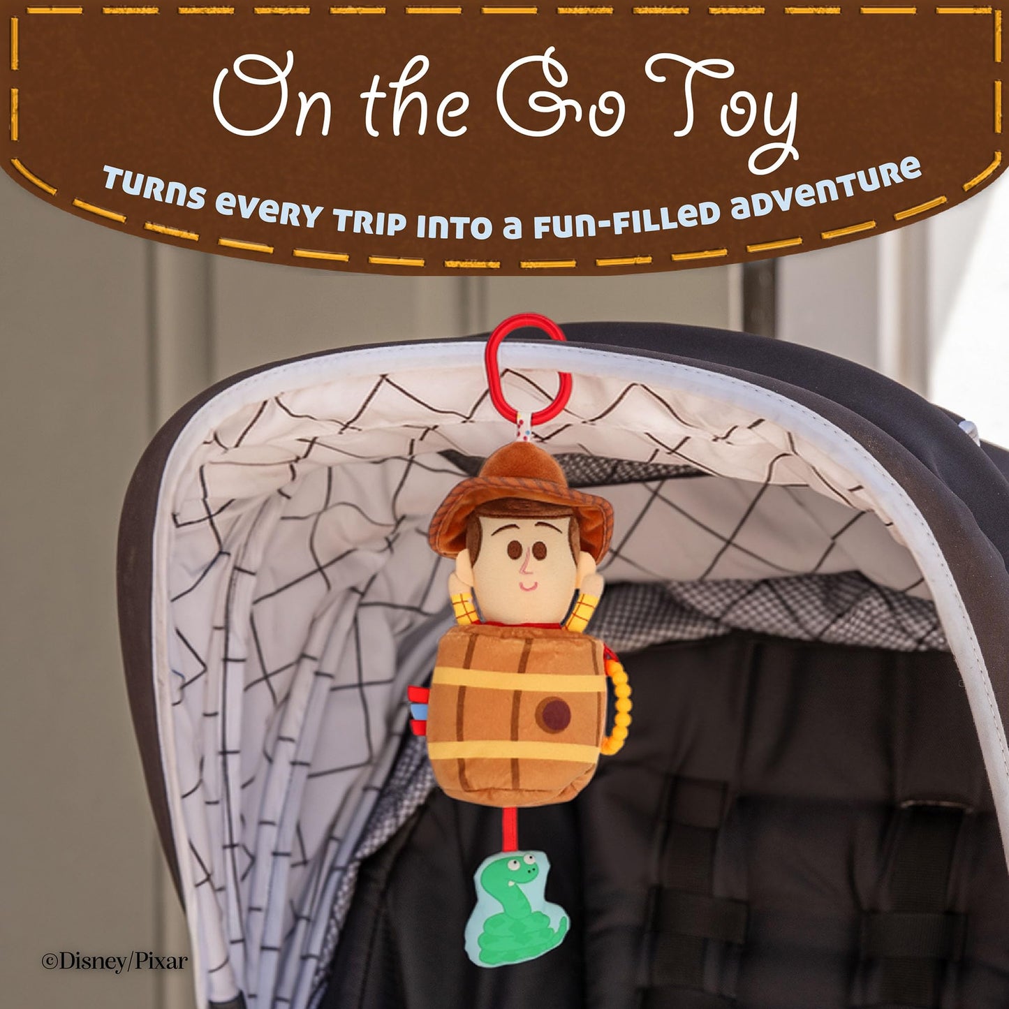Disney Toy Story Woody in a Barrel Activity Toy with Pull Down Mechanism, Teether, Rattle, Crinkle Snake, and On the Go Clip for Babies