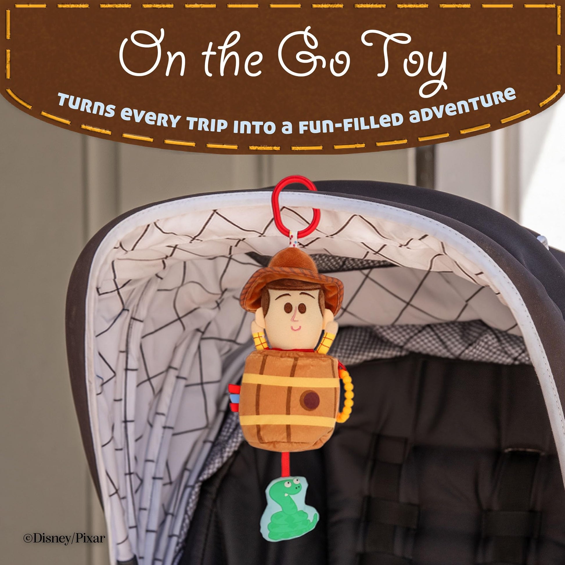 Disney Toy Story Woody in a Barrel Activity Toy with Pull Down Mechanism, Teether, Rattle, Crinkle Snake, and On the Go Clip for Babies