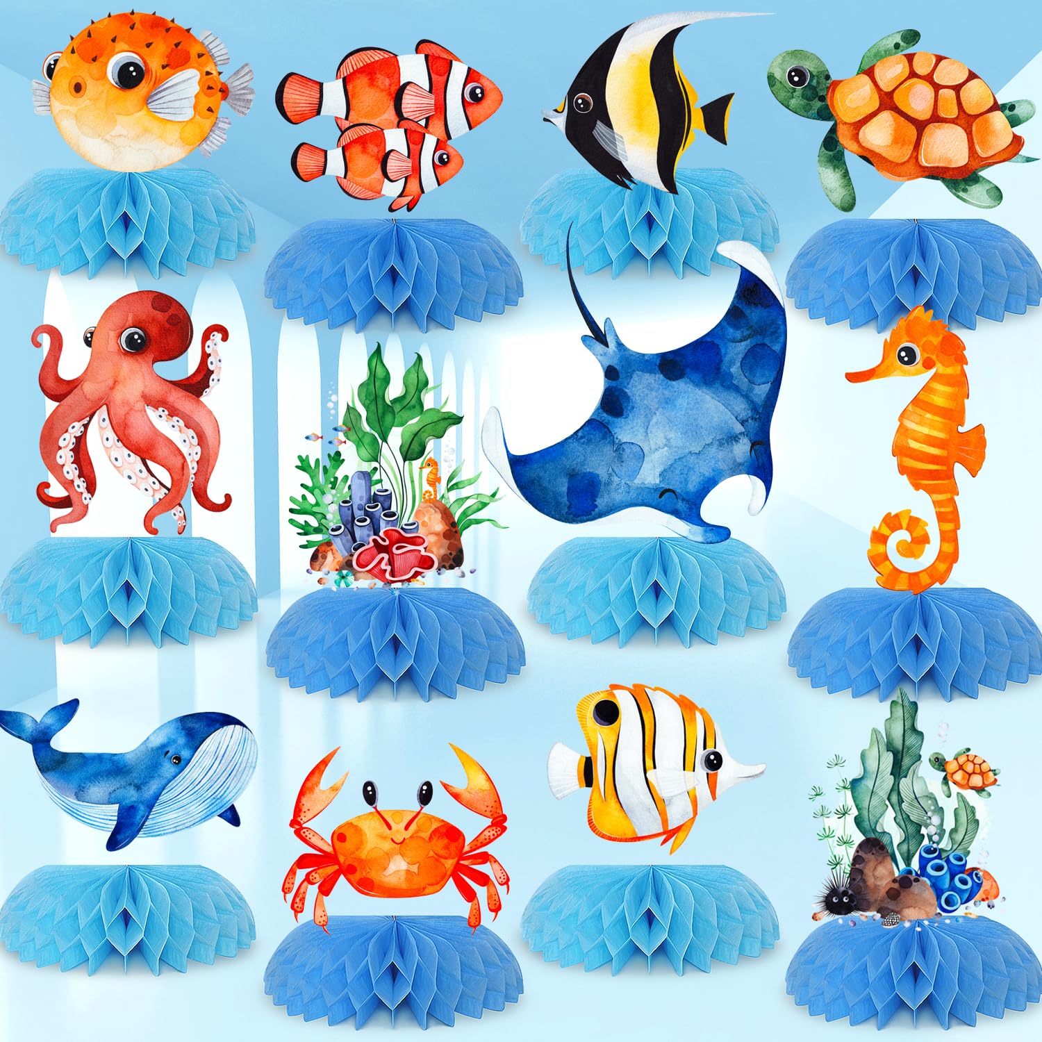 12 pcs Ocean Sea Animals Honeycomb Centerpieces Ocean Themed Birthday Party Decorations Tropical Beach Themed Party Decorations Fish Crab Turtle