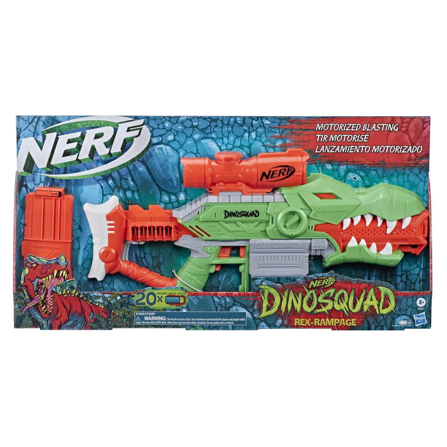 Nerf DinoSquad Rex-Rampage Motorized Dart Blaster, 10-Dart Clip, 20 Official Darts, 10-Dart Storage- T-Rex Dinosaur Design, Red