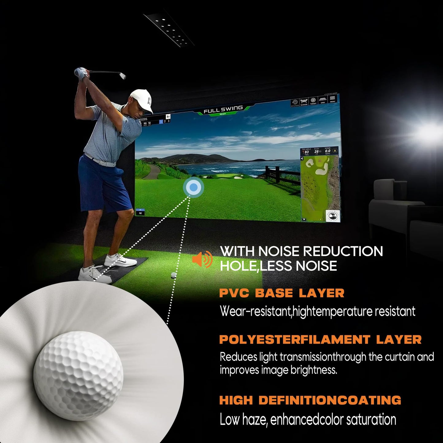 Joogto Golf Simulator Impact Screen, 4mm Thick HD Golf Impact Screen for Indoor Outdoor Practice, Reinforced Grommets for Extended Lifespan, Quiet