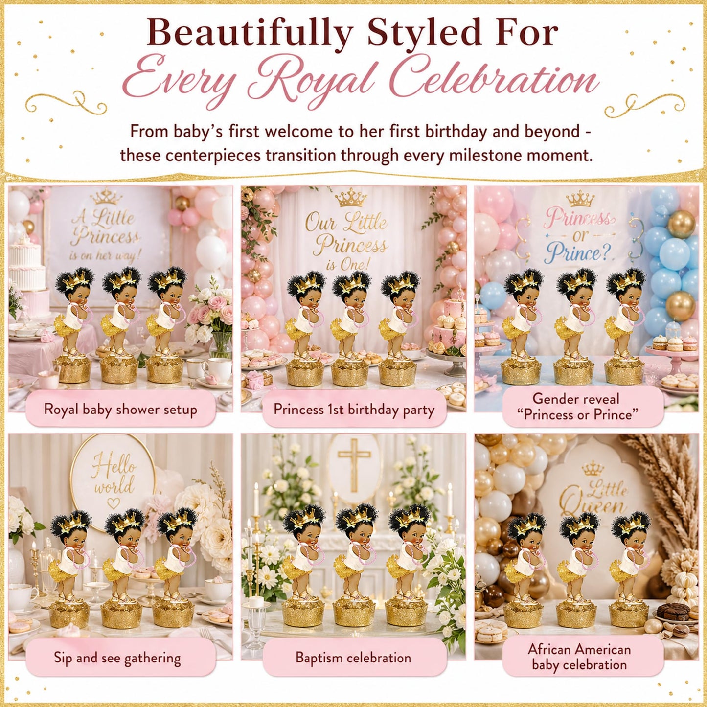 ArtPaperWonders Gold Princess Centerpieces 3 Piece Set - 10 Inch Double-Sided on Sticks - African American Royal Baby Shower Birthday Table