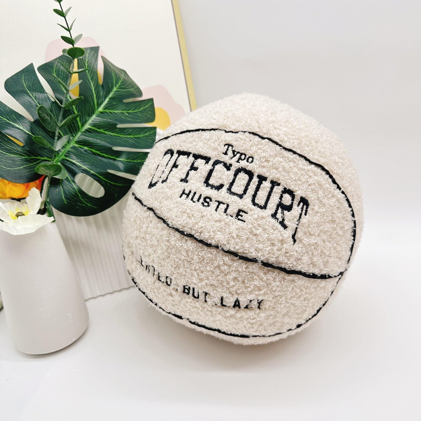 Tezimjia 2023 New Offcourt Basketball Pillow, 11" Basketball Shaped Teddy Fleece Embroidered Throw Pillow Fuzzy Plush Toy Gifts for Kids Boys Girls