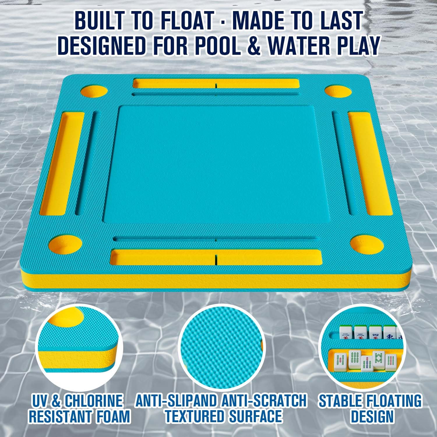 Floating Mahjong Table for Pool - 33.5in Foldable Water Game Table for Card Games & Tile Games - Portable Swimming Pool and Hot Tub Float Board Game