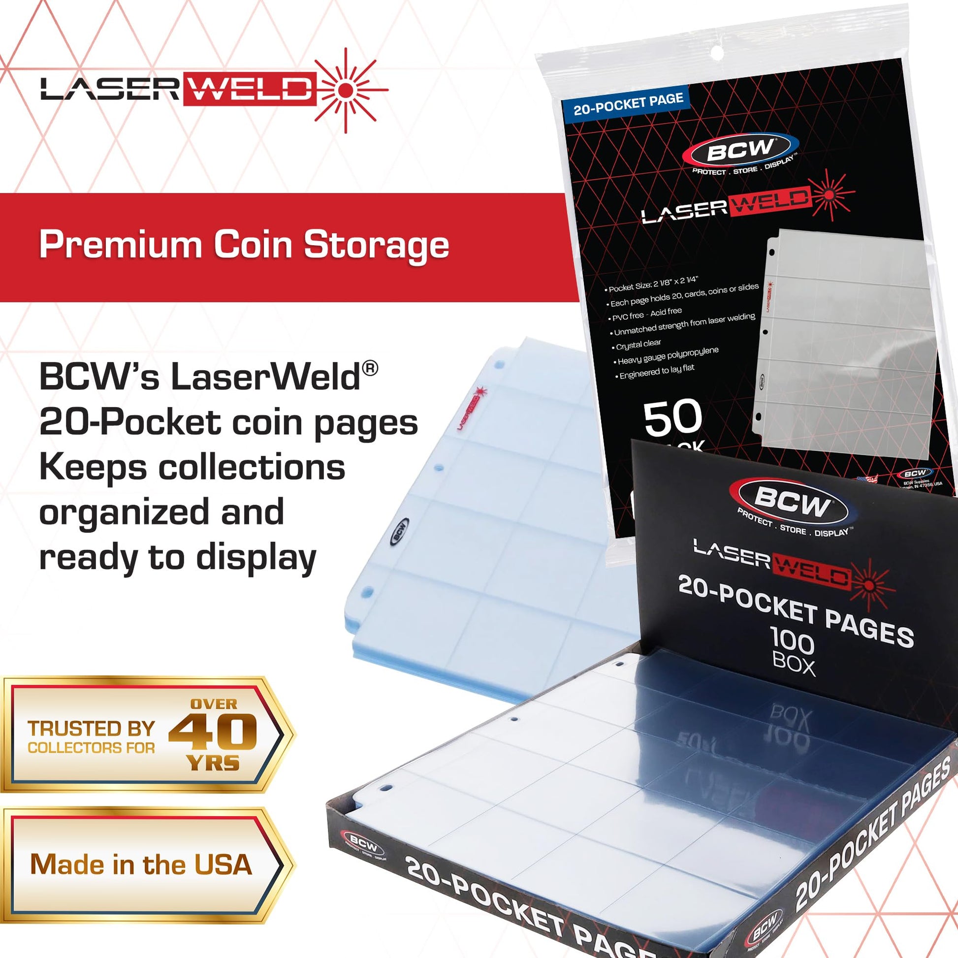 BCW LaserWeld 20-Pocket Coin Pages | 50 Count | Archival Acid-Free 3-Ring Binder Pages for Coins, Cards & Slides | Strong, Flat Laser-Welded Seams