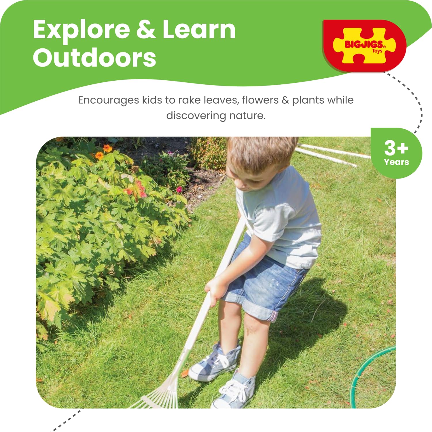 Bigjigs Toys Children's Long Handled Gardening Leaf Rake with Wood Handle