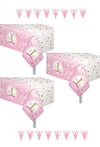 Oojami 3 Pack Light Pink Disposable Tablecloths 54 x 108 in with Pennant Banner, Plastic Rectangular Table Cover for 1st Birthday Girl, Party