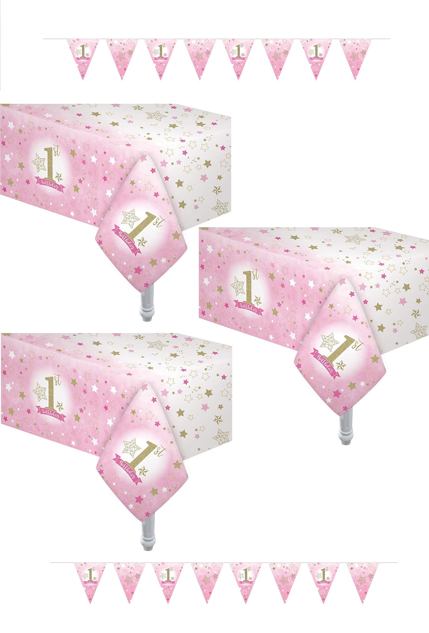 Oojami 3 Pack Light Pink Disposable Tablecloths 54 x 108 in with Pennant Banner, Plastic Rectangular Table Cover for 1st Birthday Girl, Party