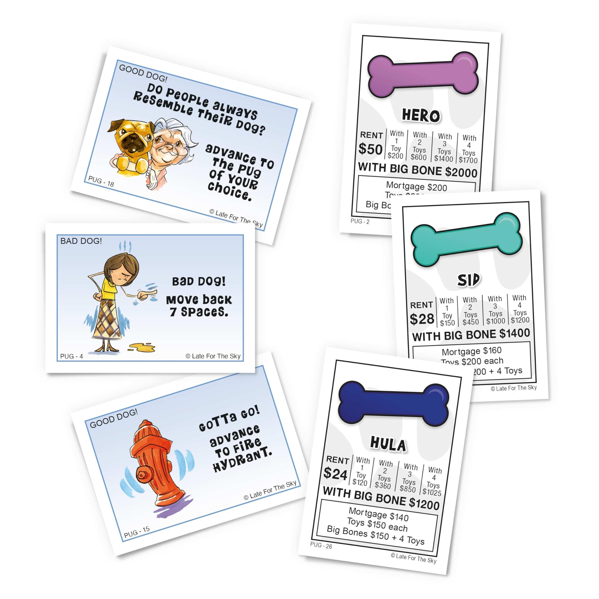 Late for The Sky Pug-Opoly Dog Board Game for Families & Adults - Pug Lovers Property Trading Game, 2-6 Players, Ages 8+, One-Hour or Full Play, Fun
