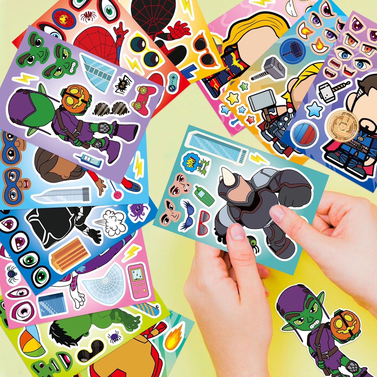 36 Pieces Make-a-face Stickers Pack, Heroes Make Your Own Stickers, Mixed & Matched with 12 Designed Characters(3 of Each) for Party Decoration