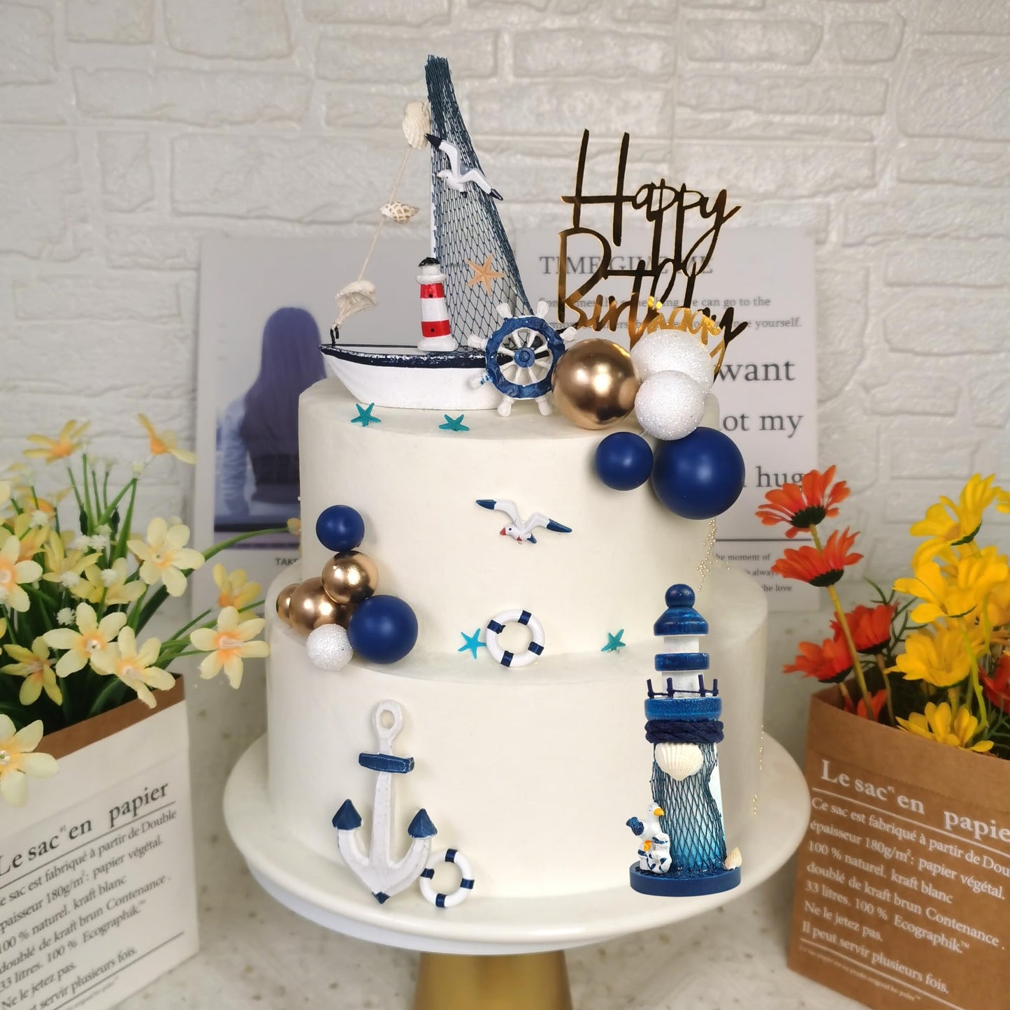 Nautical Cake Topper Ship Lighthouse Blue White Ball Cake Toppers Seagulls Anchor Rudder Cake Decorations for Nautical Theme Birthday (Style 01)