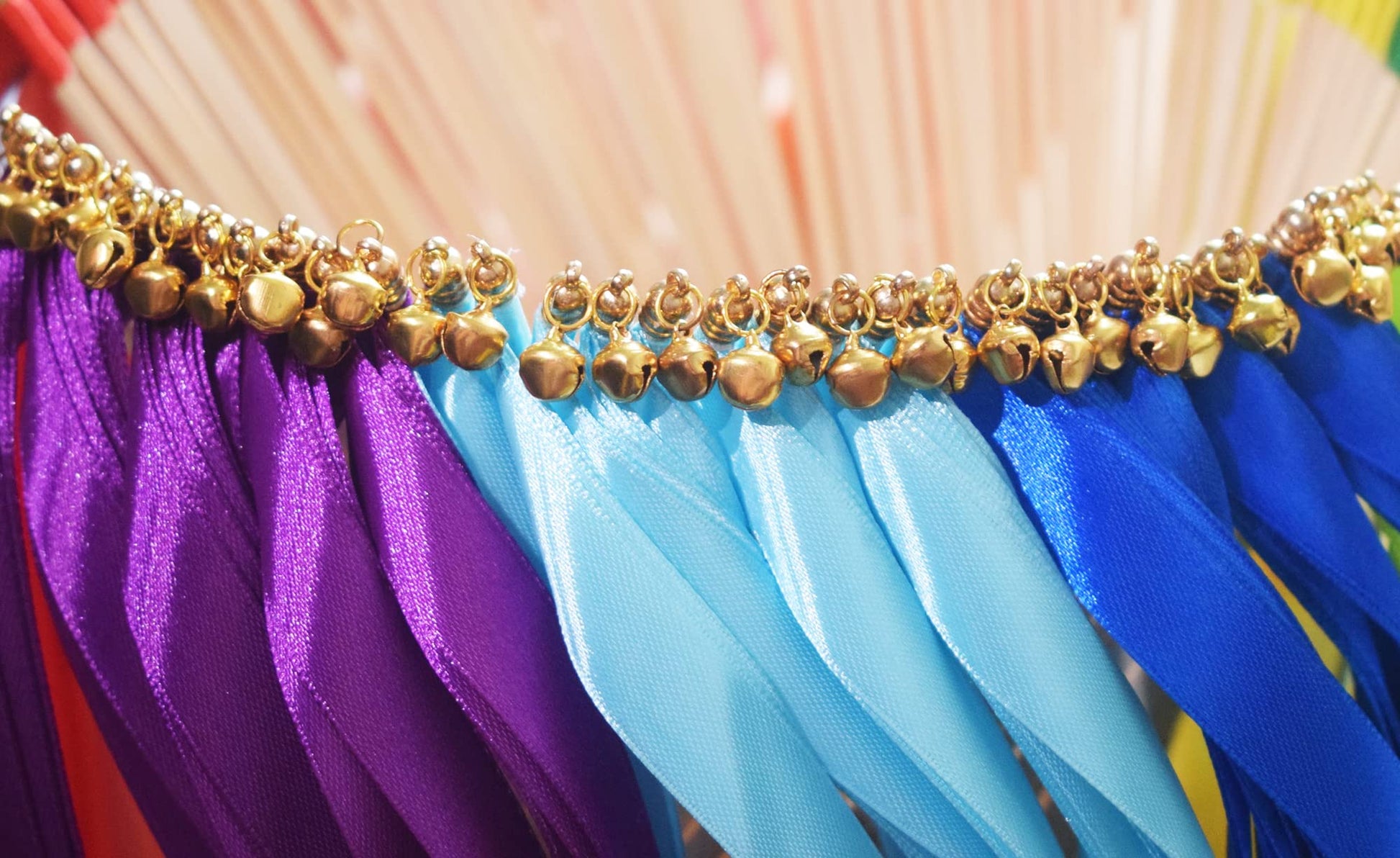 Kingsnow 100 Pieces Multi-Color Ribbon Wands Streamers Sticks with Gold Bell, Chromatic Silk Wish Wands Fairy Stick Party Rhythm Ribbon Streamers