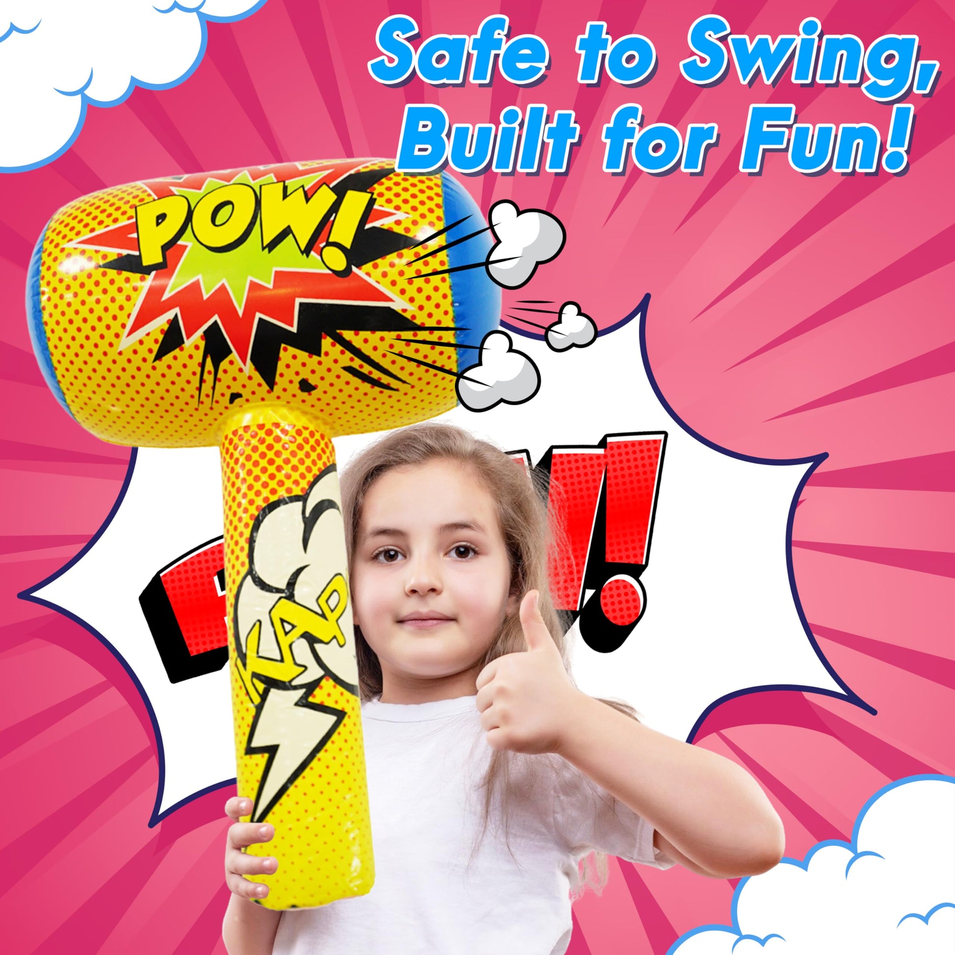 4E's Novelty 25 Piece Set Inflatable Baseball Bats with Pow Design, 12 Punch Balloons for Kids, 1 Huge 30" Bopper for Super Hero Birthday Bat