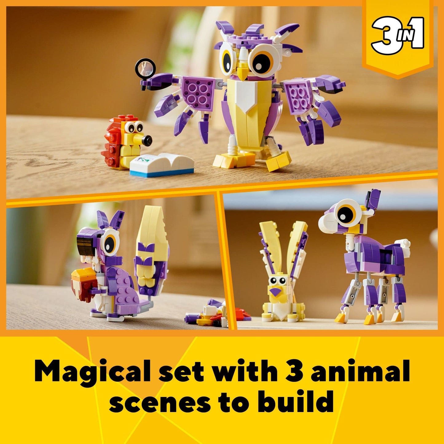 LEGO Creator 3 in 1 Fantasy Forest Creatures, Woodland Animal Toys Set Transforms from Rabbit to Owl to Squirrel Figures, Gift for 7 Plus Year Old