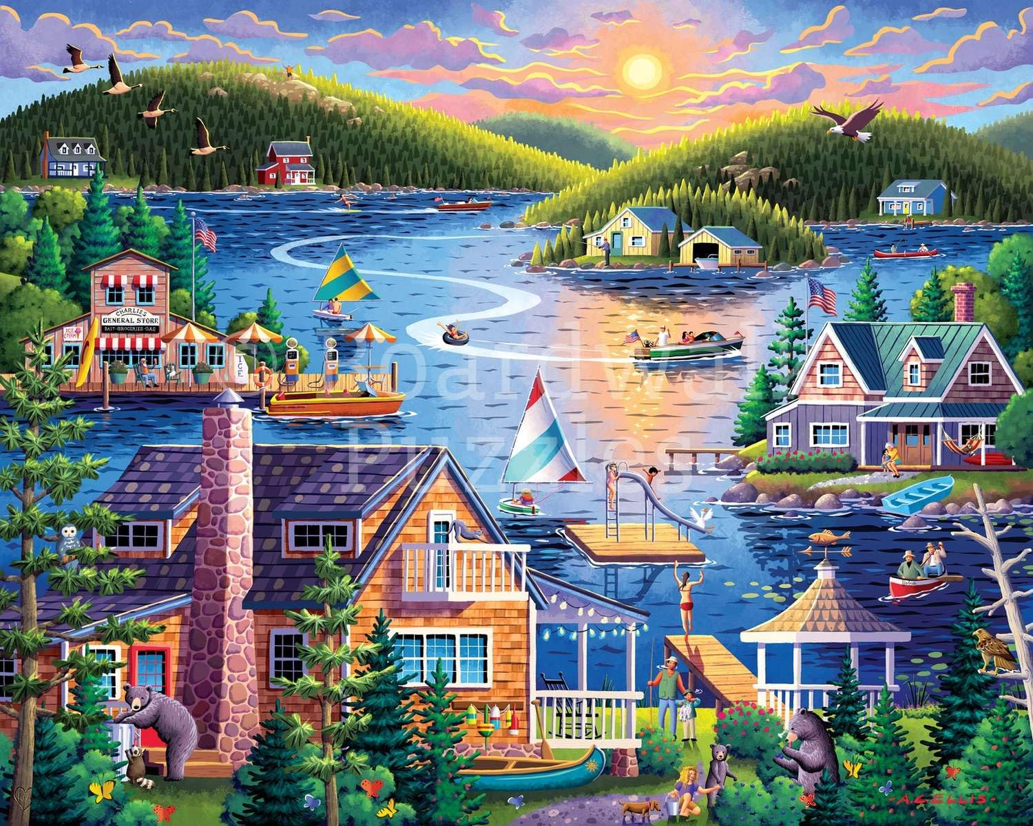 Boardwalk Lake House 500 Piece Jigsaw Puzzle Summer Scenic Cabin Puzzles with Premium Box, Gift for Adults and Family 16"x20"