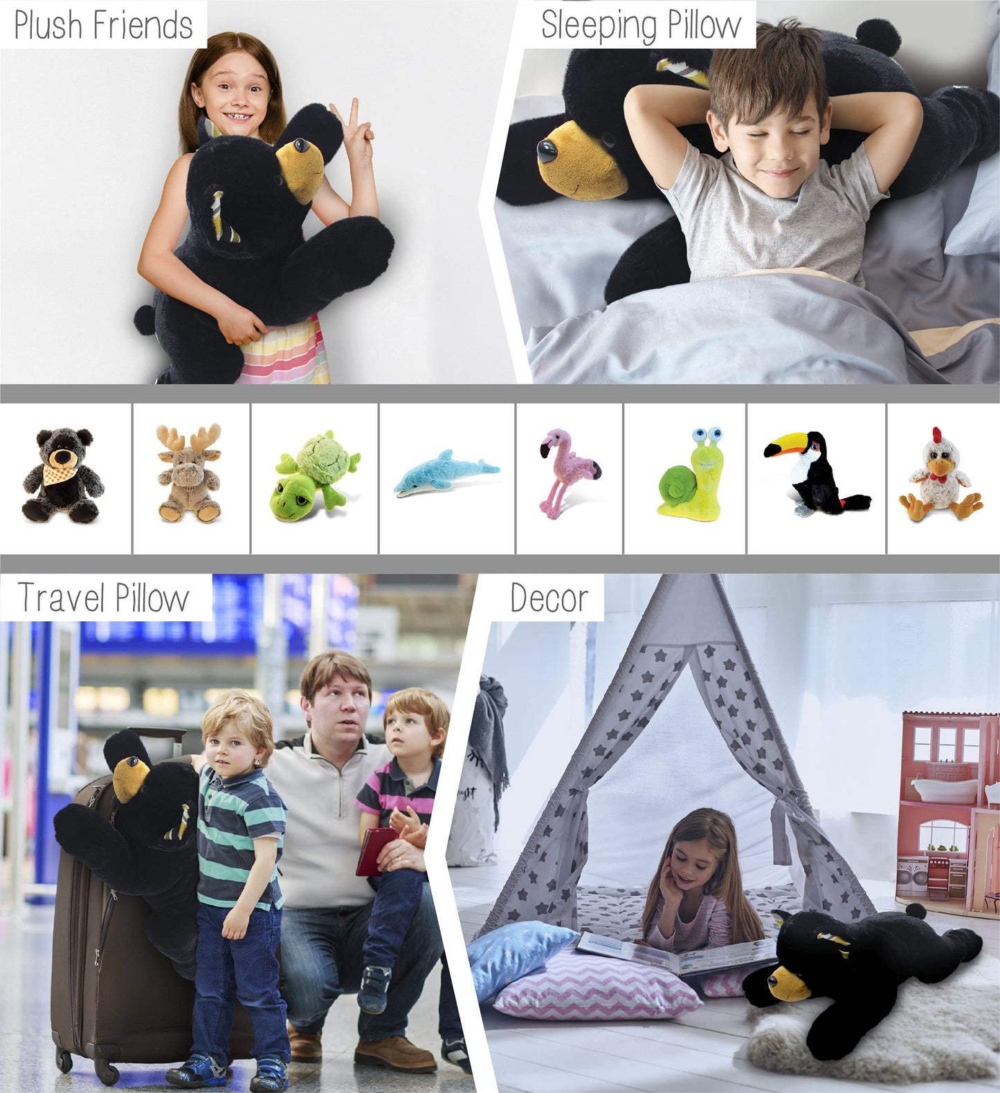 DolliBu Plush Black Bear Stuffed Animal Pillow Size - Super Soft Animal for Kids, Cozy Nap Buddy, Floor Pillow for Kids & Toddlers - 30 Inches