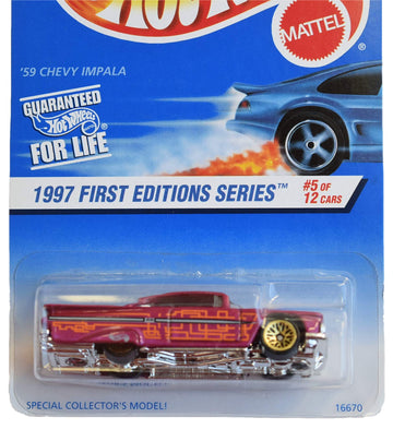 Hot Wheels 1997 First Editions Series #5 of 12 Cars, Pink '59 Chevy Impala on Square Card