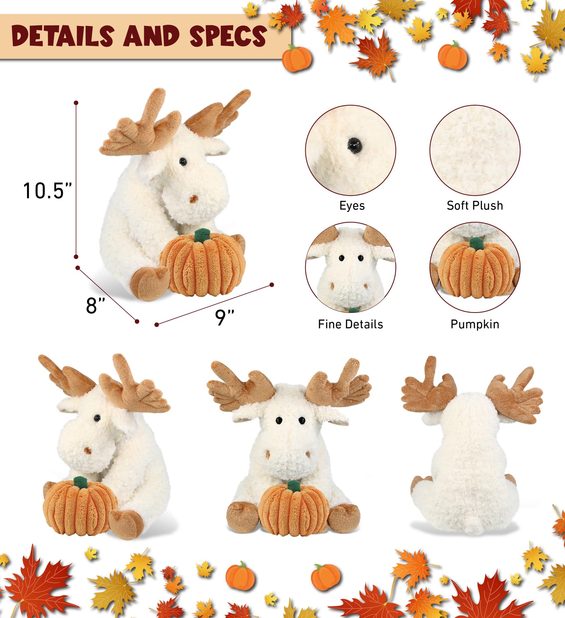 DolliBu Super Soft Fancy Floppy Moose Stuffed Animal with Pumpkin Decor and Personalization - Pumpkin Plush Animal for Fall, Halloween