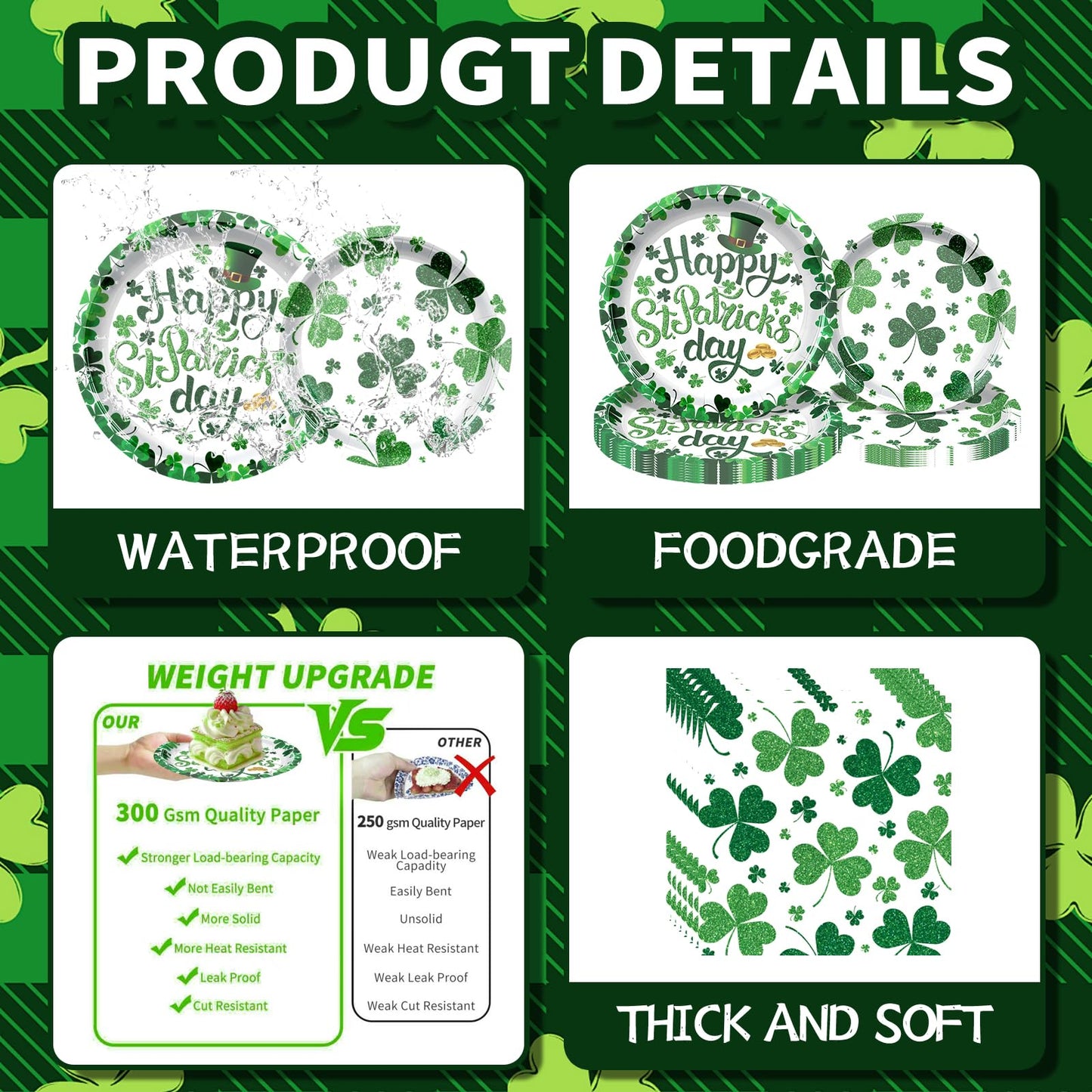 QDIRDEC St. Patrick's Day Paltes and Napkins Green Shamrocks Disposable Plates and Napkins for St Patrick's Day Green Irish Party Decorations, Serve